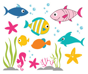 Whimsical Underwater World with Cute Mermaid, Playful Sea Creatures, and Vibrant Ocean Life – Colorful Cartoon Marine Illustration with Fish, Coral, and Starfish | colorful Sea Design.