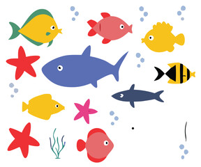 Naklejka premium Whimsical Underwater World with Cute Mermaid, Playful Sea Creatures, and Vibrant Ocean Life – Colorful Cartoon Marine Illustration with Fish, Coral, and Starfish | colorful Sea Design.