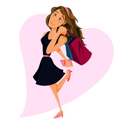 Happy young woman shopping - holding bags and wallet