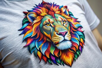 Macro Close-up of Lion Head Mascot on T-Shirt, Sticker Detail, Textile Fabric