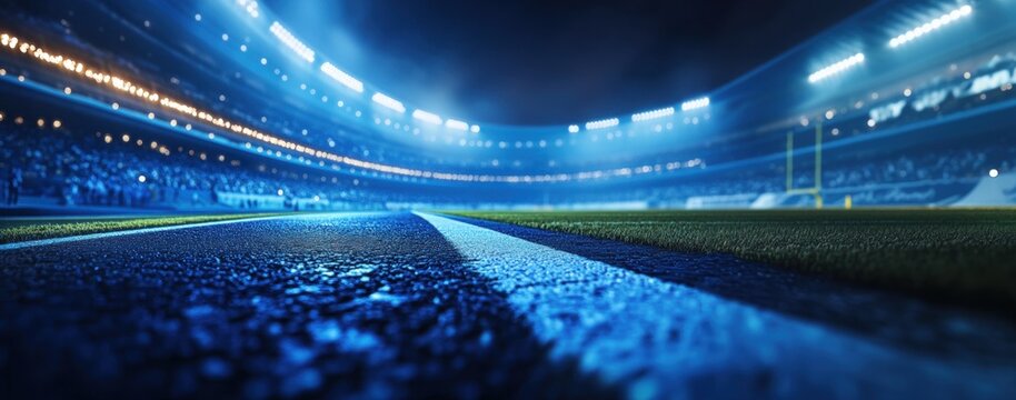 Close up of one side of empty football stadium illuminated by spotlights, with highlighted dark blue accents. Low angle view photo. - Powered by Adobe