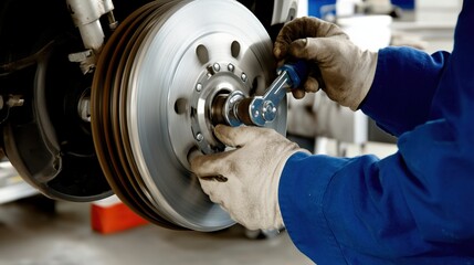 Mechanics performs brake maintenance on vehicle wheel assembly in an auto repair shop using tools and equipment