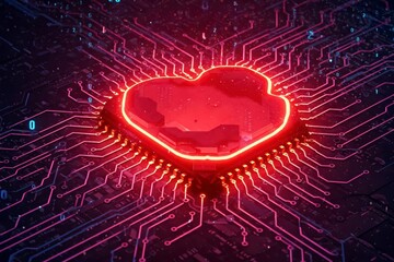 Luminous red heart shape formed by interconnected lines on a dark circuit board with glowing red pathways. Digital love and connection.

