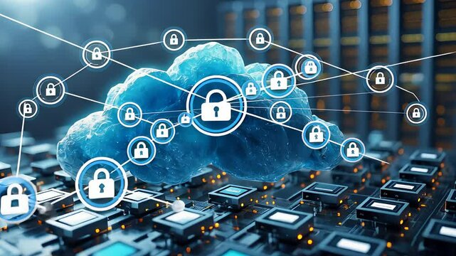 Digital cloud storage system with secure network connections, padlock icons, and microchip servers in data center

