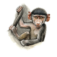 A young baboon clinging tightly to its mother in a watercolor style