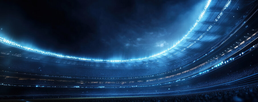 Futuristic stadium glows with blue lights at night, filled with spectators. Empty field below illuminated, surrounded by towering stands under cloudy sky.