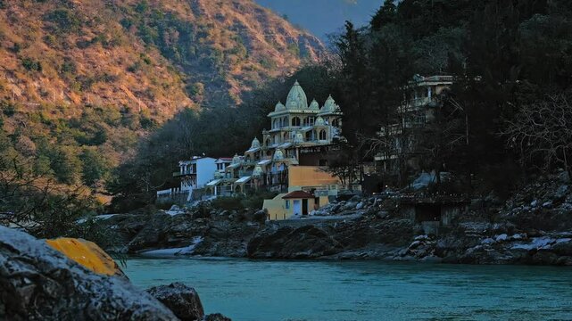 Morning Aerial view of the holy city Rishikesh, View of a newly constructed temple in the Ganges river valley in the morning, temples of Uttarakhand