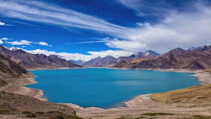 Fototapeta premium A picturesque view of a clear blue lake nestled in a mountainous region, possibly the Himalayas.