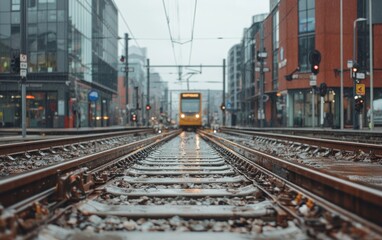 Fototapeta premium Yellow Tram on Rain-Slicked City Tracks