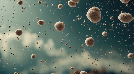 Airborne spores from mold fungus suspended in air currents, microscopic, tiny. Spore Clouds. Illustration
