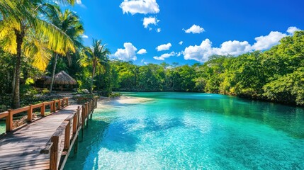 Obraz premium A serene tropical landscape featuring clear turquoise water, a wooden walkway, lush greenery, and a bright blue sky with fluffy clouds.