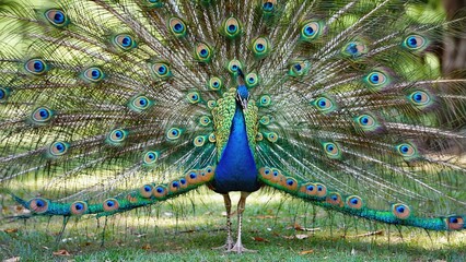 Obraz premium A peacock showing off its full display of feathers. Vivid and colorful, it is a natural spectacle that symbolizes beauty, opulence, and pride.