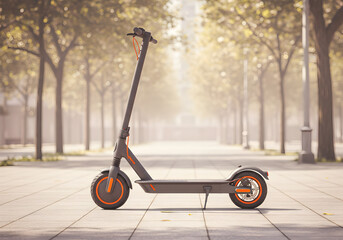 Orange and black electric scooter in sunlit urban setting