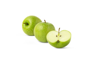 Three green apples in a row isolated. Green apple and cut in a half with shadow.