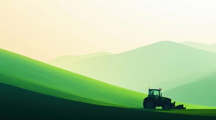 Fototapeta premium Silhouette tractor on rolling green hills with misty mountains at dawn
