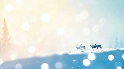 Winter landscape with reindeer herd on snowy hill in soft light