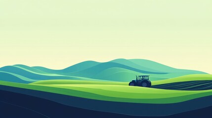 Fototapeta premium Tractor on rolling green hills under soft sky