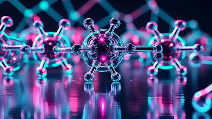 Futuristic molecular structure with glowing neon bonds and atoms on reflective surface in a high-tech digital setting

 - Powered by Adobe