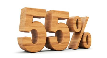 Fifty Five Percent Sign Made of Wood on White Background