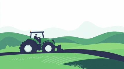 Obraz premium Silhouette of farmer on tractor in rolling green hills landscape