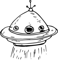 Hand drawn UFO doodle icon. Hand drawn black sketch. Sign symbol. Decoration element. White background. Isolated. Flat design. Vector illustration