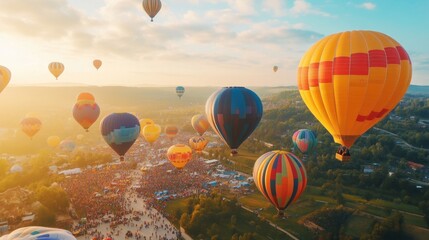 Colorful Hot Air Balloons Soaring Over a Crowd at Early Morning