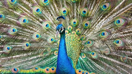 Obraz premium The vivid peacock feathers displayed in a fan-like shape.