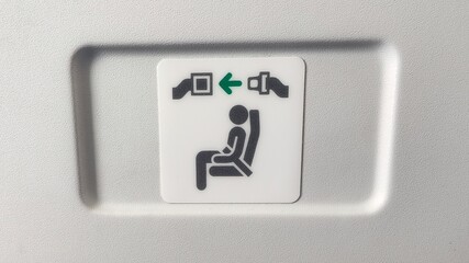 Close-Up of Fasten Seatbelt Sign with Pictogram on Airplane Wall Panel, In-Flight Safety Instruction for Passengers