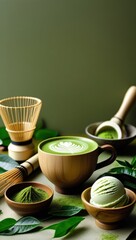 Green tea with bowls, plates, and chopsticks on a fresh table
