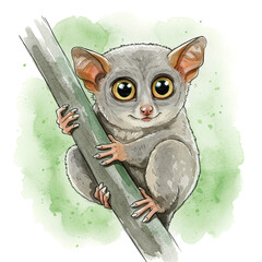 Watercolor illustration of a tarsier clinging to a branch smiling