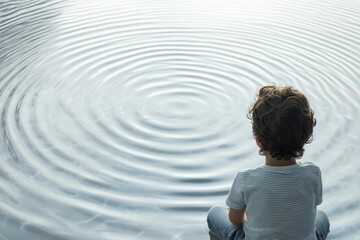 Fototapeta premium Child sits quietly by a calm body of water creating gentle ripples in the afternoon light