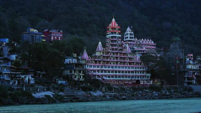 Morning Aerial view of the holy city Rishikesh, View of the famous 14 manzil/floor temple in the Ganges river valley in the morning, temples of Uttarakhand