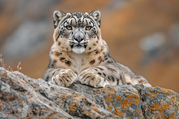 Obraz premium Enchanting snow leopard resting on rocky vantage in the Himalayas showcasing mesmerizing markings generative AI creation