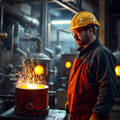 Metalworker overseeing melting process, showcasing industrial manufacturing