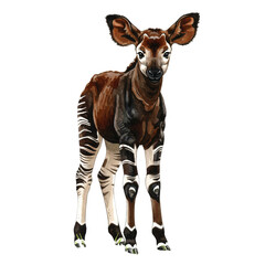 Illustration of an okapi standing on a black background looking ahead