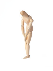 A Wooden dummy with hands down, conveying sadness. A Poseable figure and Articulated mannequin capture a moment of despair, perfect for artists and creating expressive, emotional sketches.
