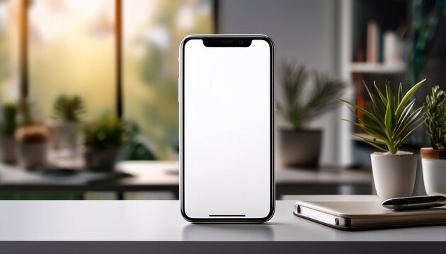 A white smartphone mockup on a modern desk with a blurred background. This clean and professional template is perfect for showcasing your app, website, or UI design.

