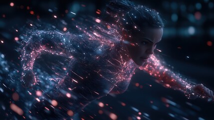 Digital runner in a futuristic setting with neon lights showcasing speed and agility during a night scene