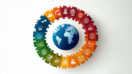 Infographic wheel representing Sustainable Development Goals (SDGs) with glyph icons surrounding a globe. Ideal for United Nations Day or environmental projects.