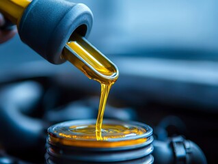 Obraz premium Close up view of oil pouring into car engine. Maintenance work in progress. Lubricant flows into engine part. Vehicle repair servicing. Person mechanic performs routine car maintenance.