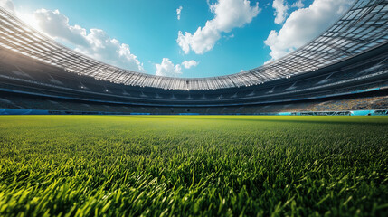 Fototapeta premium Large soccer stadium with green field under bright blue sky with scattered clouds. Stands empty, and sunlight streams through open roof.