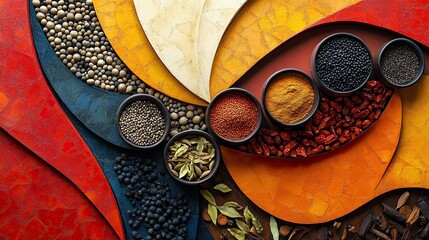 Abstract cubism depiction of Indian spices in a vibrant arrangement