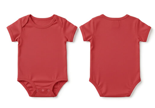 Realistic red Blank Baby undershirt Template, Mock-up Close-Up Isolated on White. Front and Back Side. Top View