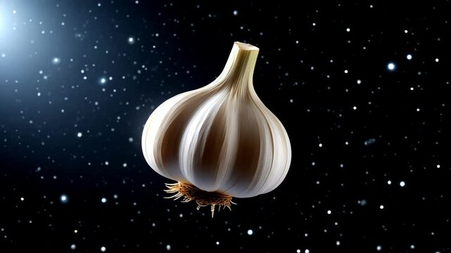 White Garlic Bulb Floating in Starry Space, Spotlight, Culinary Concept