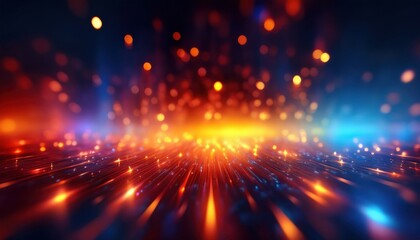 Obraz premium vibrant abstract bokeh with fiery orange and cool blue lights, glowing sparkles on reflective surface, perfect for digital art, wallpaper, background, and creative design
