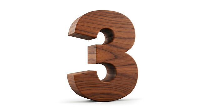 Wooden Number Three Standing on White Background for Designs