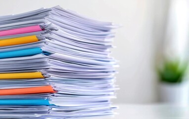 High stack of papers. Many documents piled up on a white table. Colorful dividers between documents are visible. A lot of paperwork. Business documents. Office work. Unorganized pile of