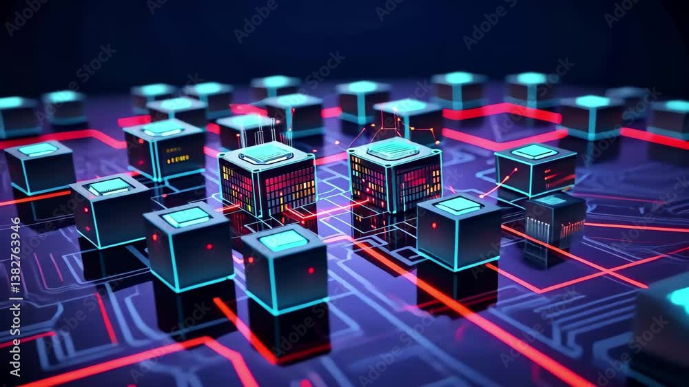 Poster a vibrant digital landscape showcases interconnected computer chips and circuitry, pulsating with li