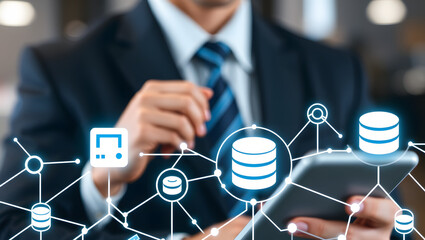 A businessman in a suit uses a tablet showcasing data storage and network connections.
