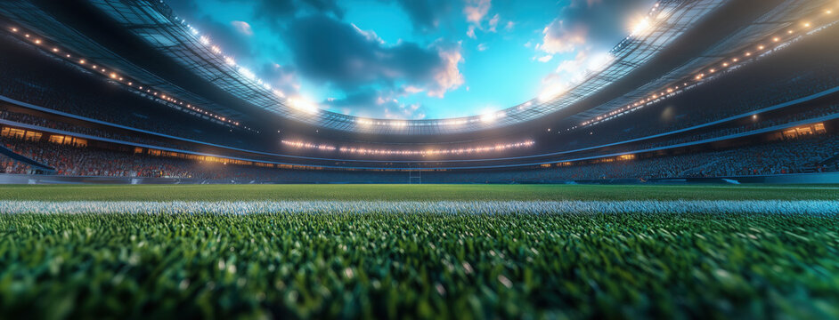 Banner. Panoramic view of grand stadium with green field, lit by bright lights under partly cloudy sky at dusk. Stands filled with spectators.